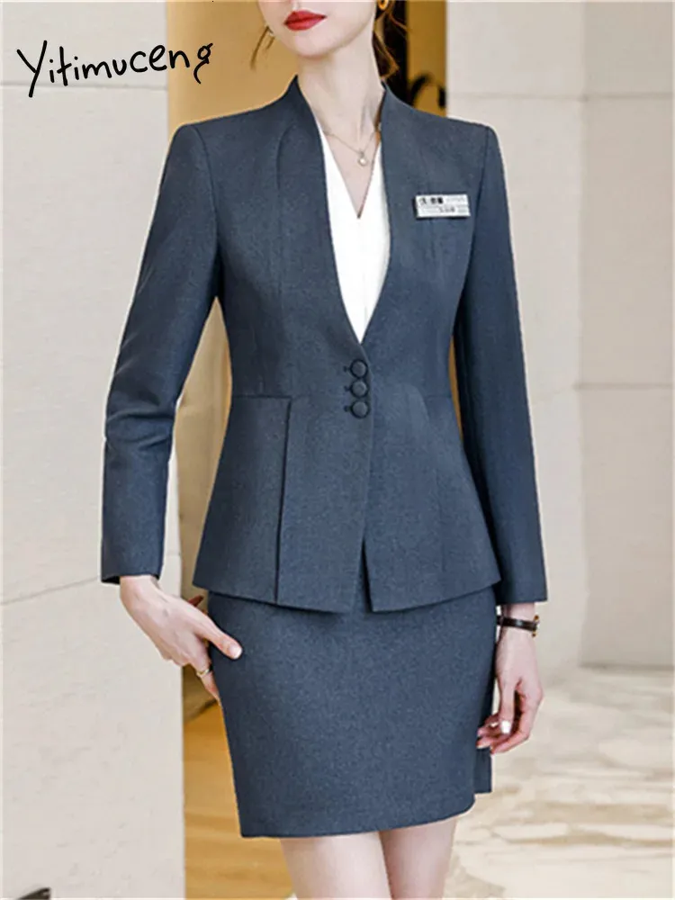 Yitimuceng Grey 2 Piece Blazer and Skirt Fashion Office Ladies Single Breasted V Neck Blazers Casual High Waist Mini Suits 240202