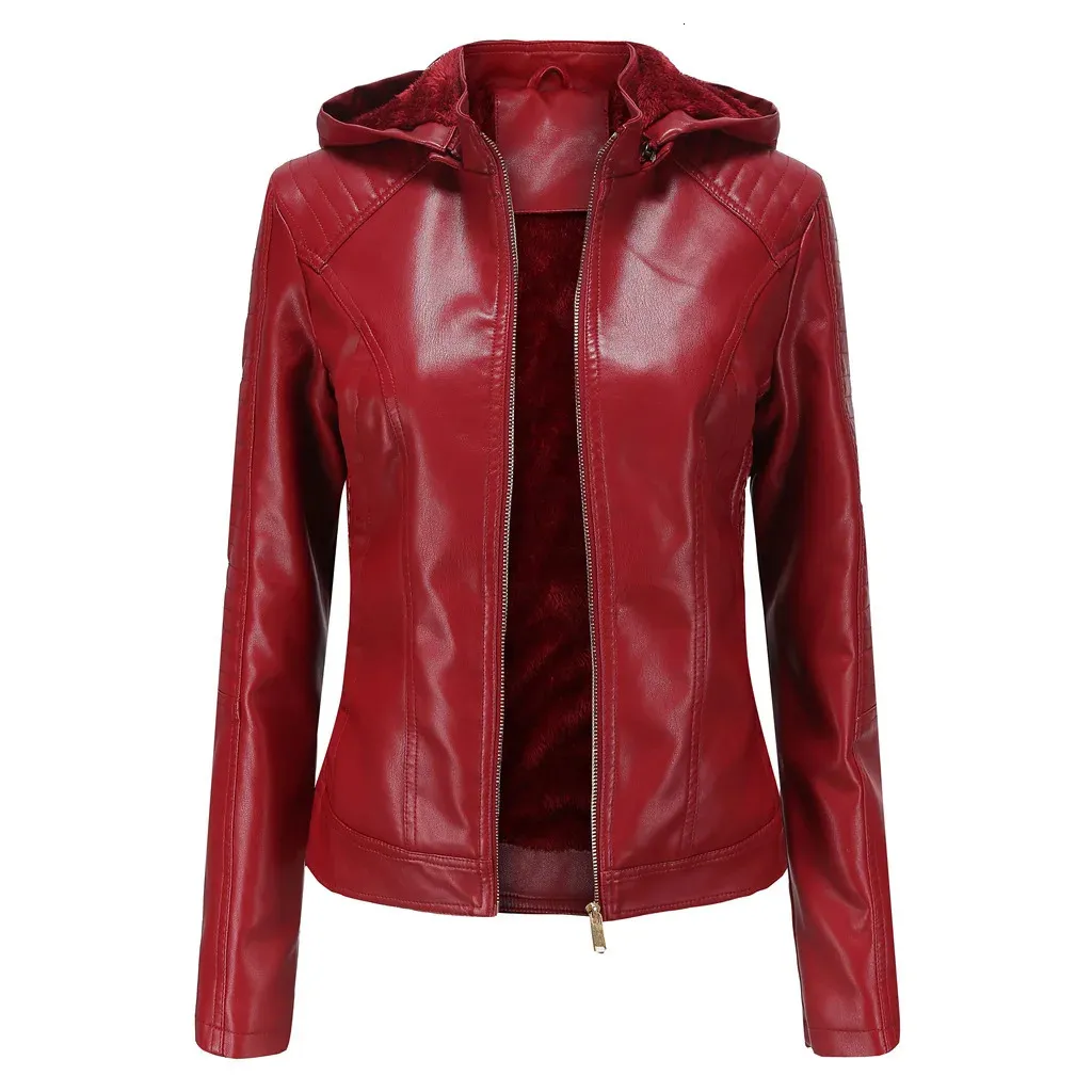 Winter Black Fleece Hooded Leather Jacket Womens Fashionable Trim Motorcycle Women Coat Zipper Switch Tops Red Khaki Grey 240126