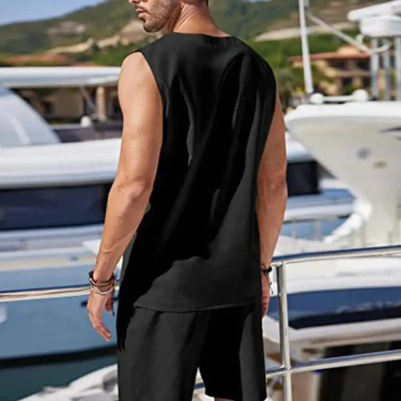 Men's Tracksuits Classic Men Sportswear Tracksuit Set Sleeveless V Neck Vest Elastic Waist Shorts With Patch Pockets