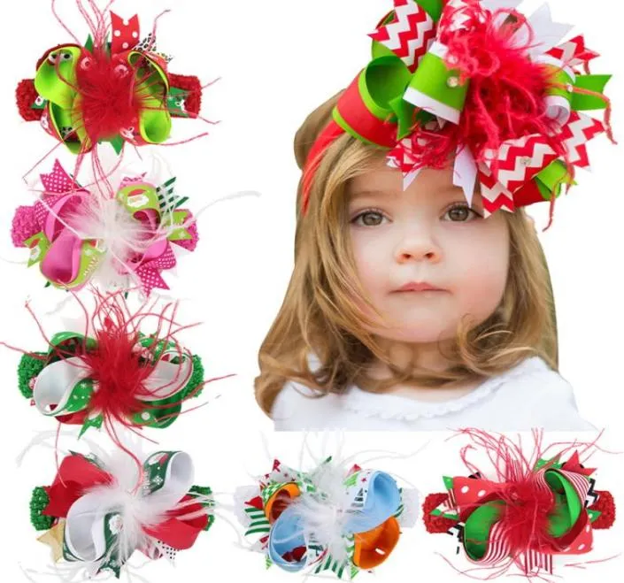 Boże Narodzenie Baby Headbands Barrettes Wstąki strusiowe włosy łuki kropki pasiastki płatek śniegu dziewczyny