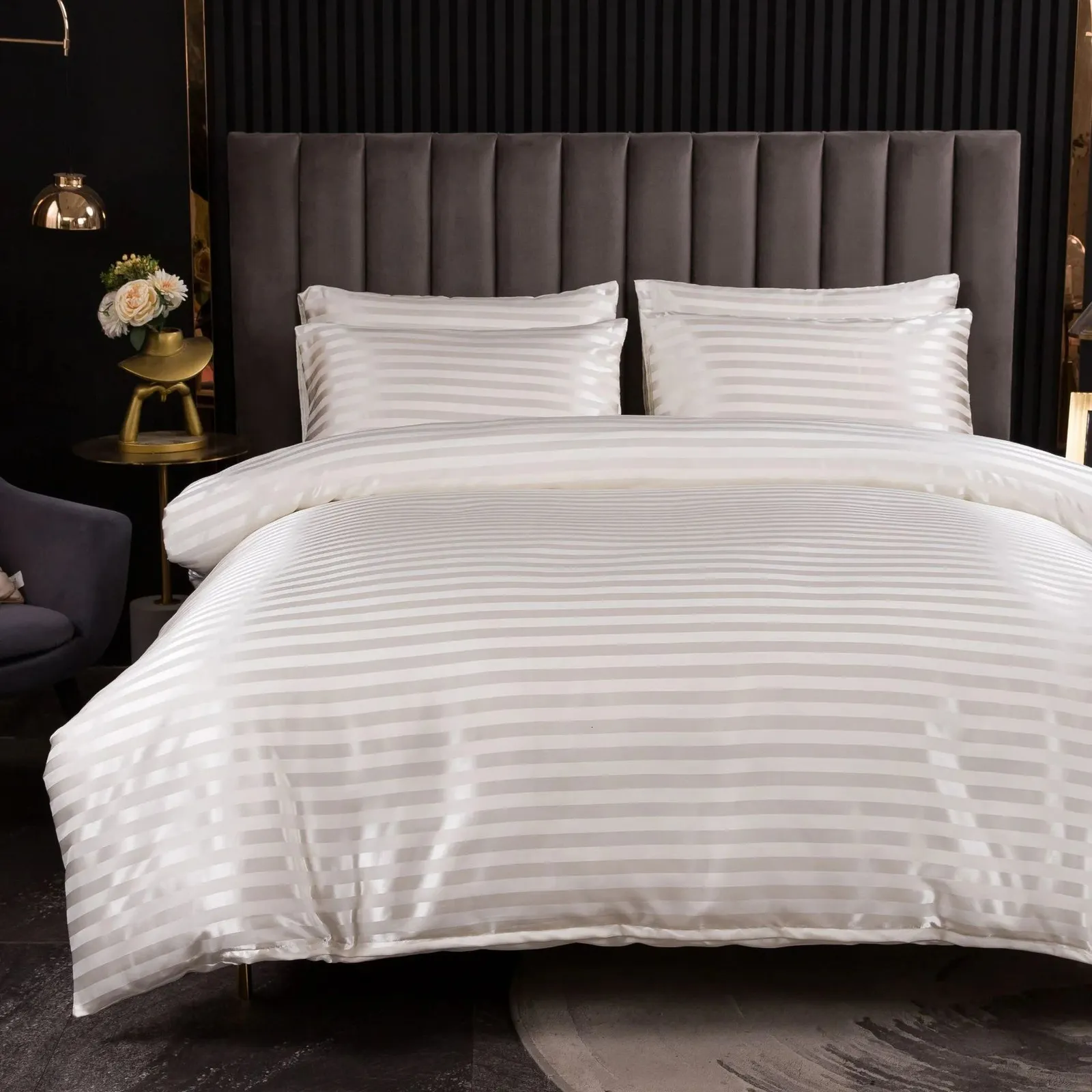 Satynowa kołdra podwójna pełna królowa king size Stripes miękki przytulny łóżko lniane stałe kolorowe okładka luksusowa pościel 240202