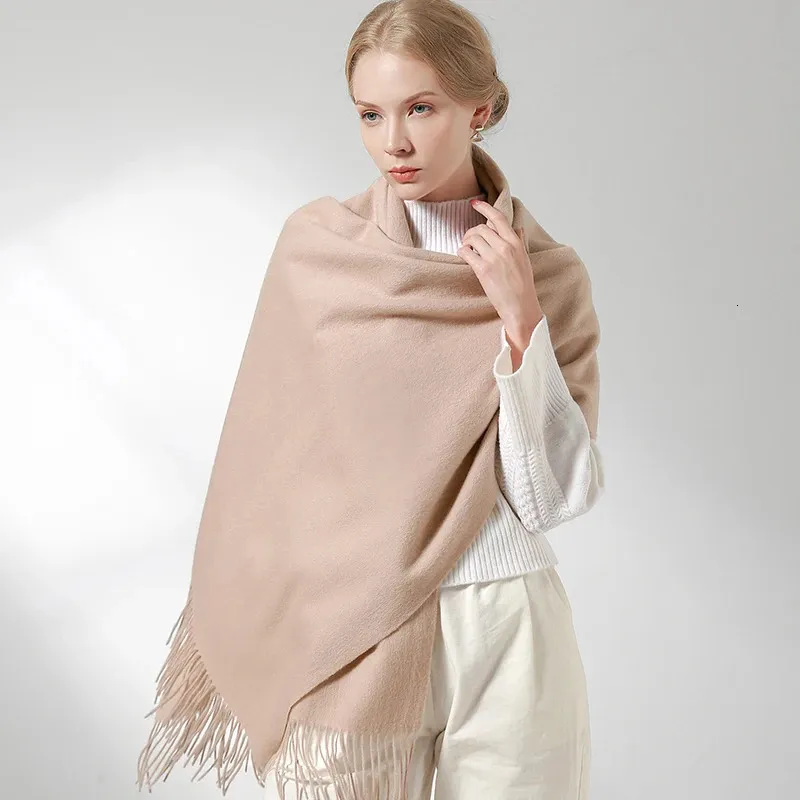 Sciarpa in vera lana al 100% Donna Scialli e stole caldi per donna Stola Femme Solid Ordito Sciarpe in lana cashmere invernale Pashmina di lusso 240127