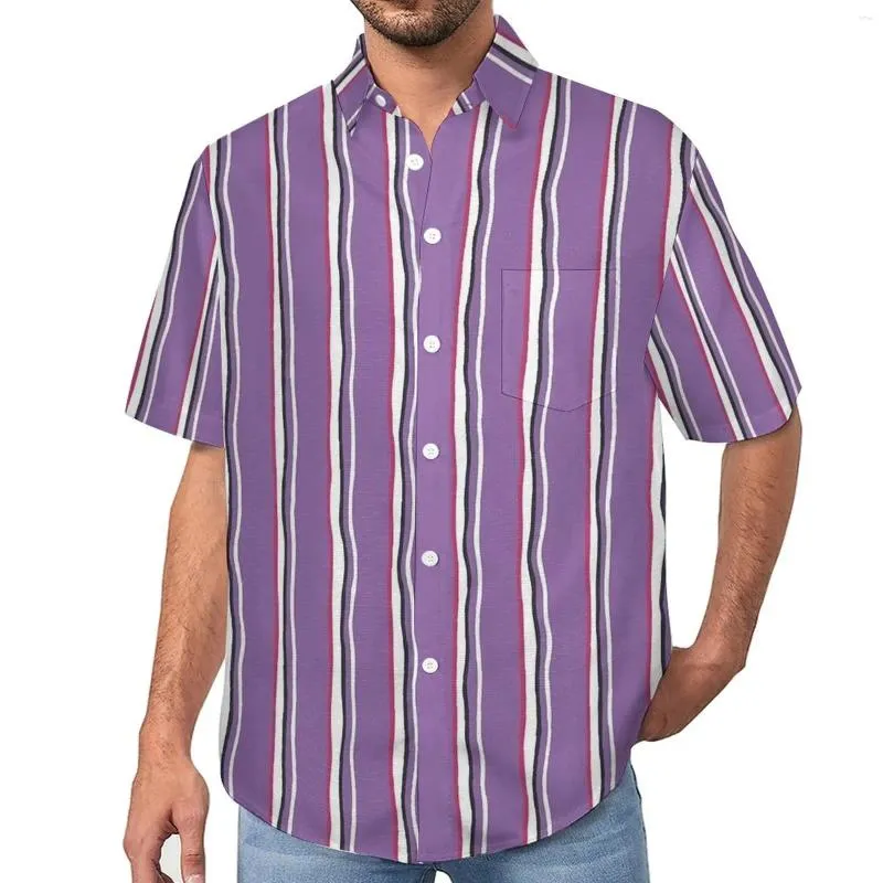 Camisas casuais masculinas listrado impressão férias camisa roxo e branco verão homens streetwear blusas de manga curta gráfico topo plus size 4xl