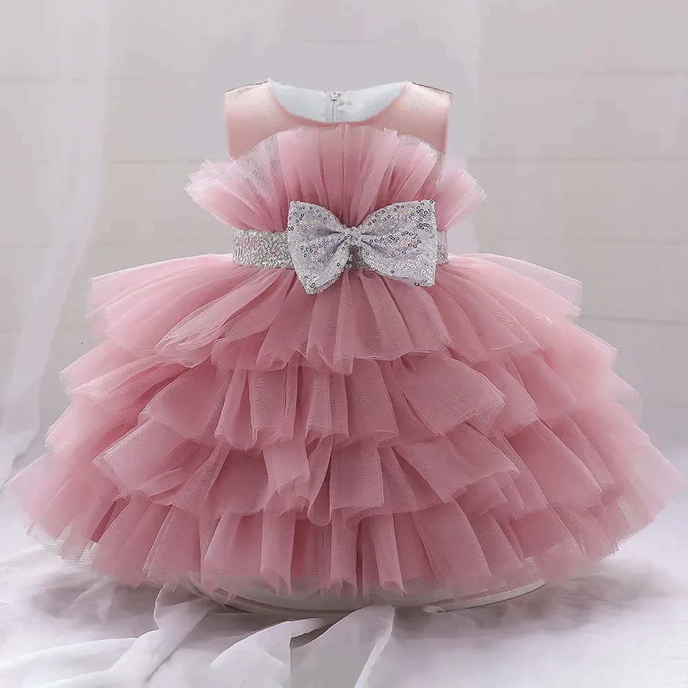 Toddler Fluffy Pink Wedding Party Dresses for Baby 28 Yrs Sequin Bow Tulle Baptism Birthday Princess Clothe Lace Summer 240131