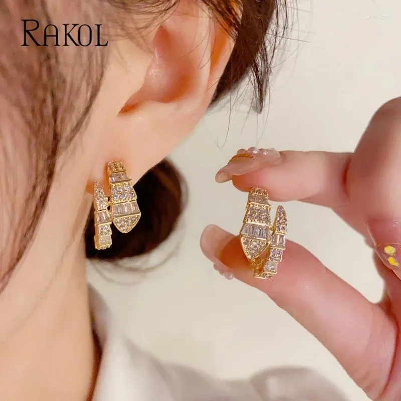 Серьги-гвоздики RAKOL, корейские модные украшения, золотой цвет, роскошный циркон, животное, змеиная кость, C-образный, элегантные женские аксессуары для вечеринок