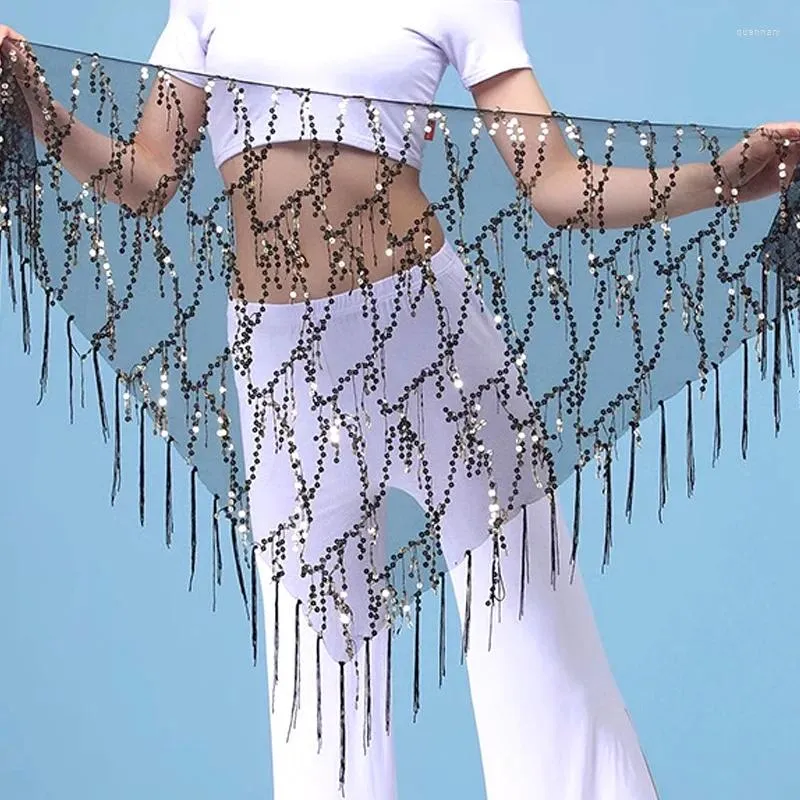 Scen Wear Sparkly Belly Dance Costumes Sequins Tassel Hip Scarf för kvinnor som dansar midjekedjan triangel