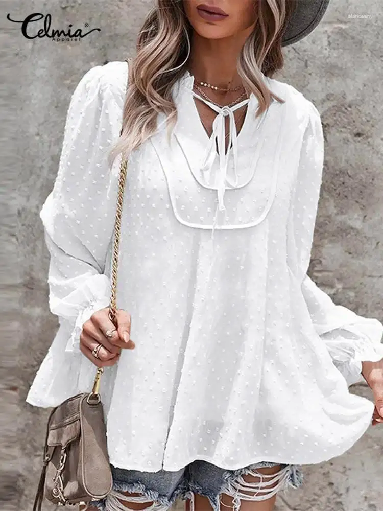 Women's Blouses Celmia 2024 Summer V Neck Blusa Lantern Sleeve Women Lace Up Streetwear Tops Elegant Casual Loose Fashion Swiss Dot