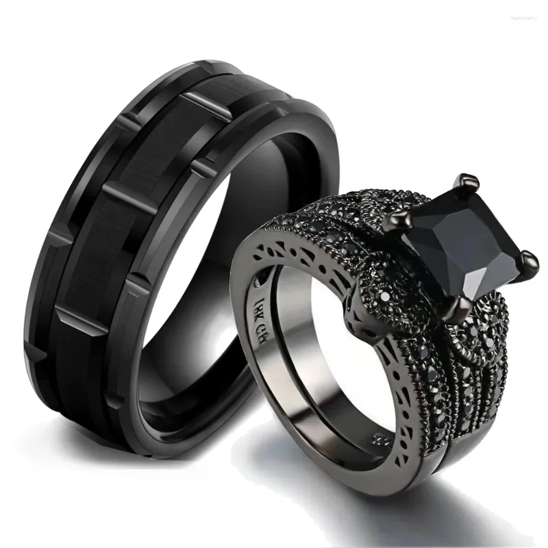 Cluster Rings Charm Couple Romantic Black Rhinestones Female Set Trendy Men Stainless Steel Ring Fashion Jewelry For Lover Gifts