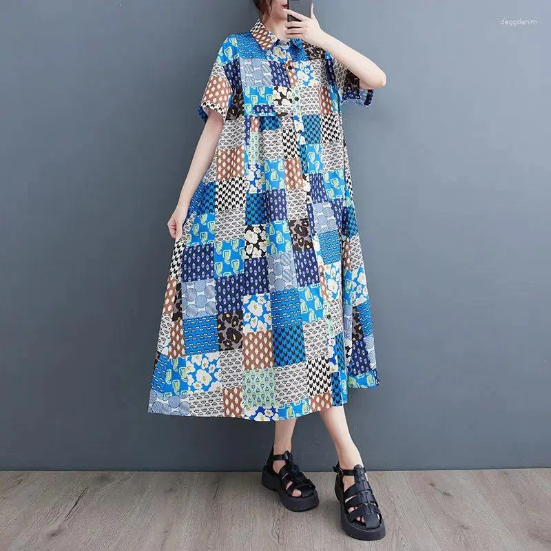 Party Dresses 2024 Summer Art Irregular Print Large Size Shirt Dress Vintage Single Breasted Loose Fashion Slim Style For Women Z2098