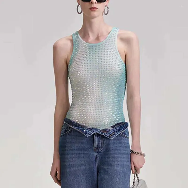 Y2K Gradient Tank Top - Double Layer Mesh, Rhinestone