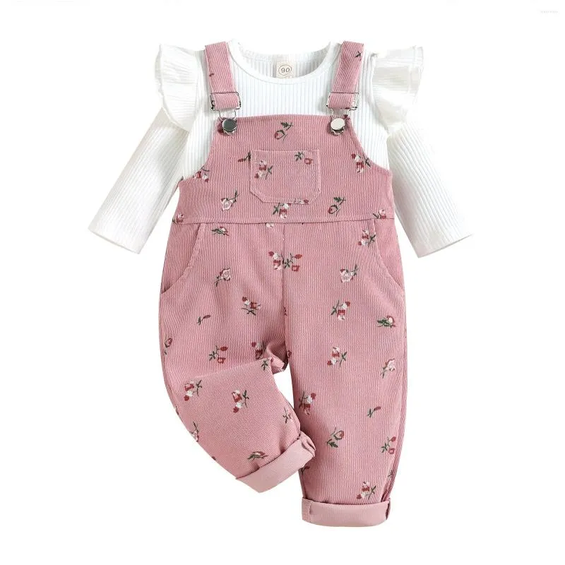 Conjuntos de roupas 2 peças crianças terno conjunto cor sólida o-pescoço manga longa tops floral impressão suspender calças para meninas 6 meses-4 anos