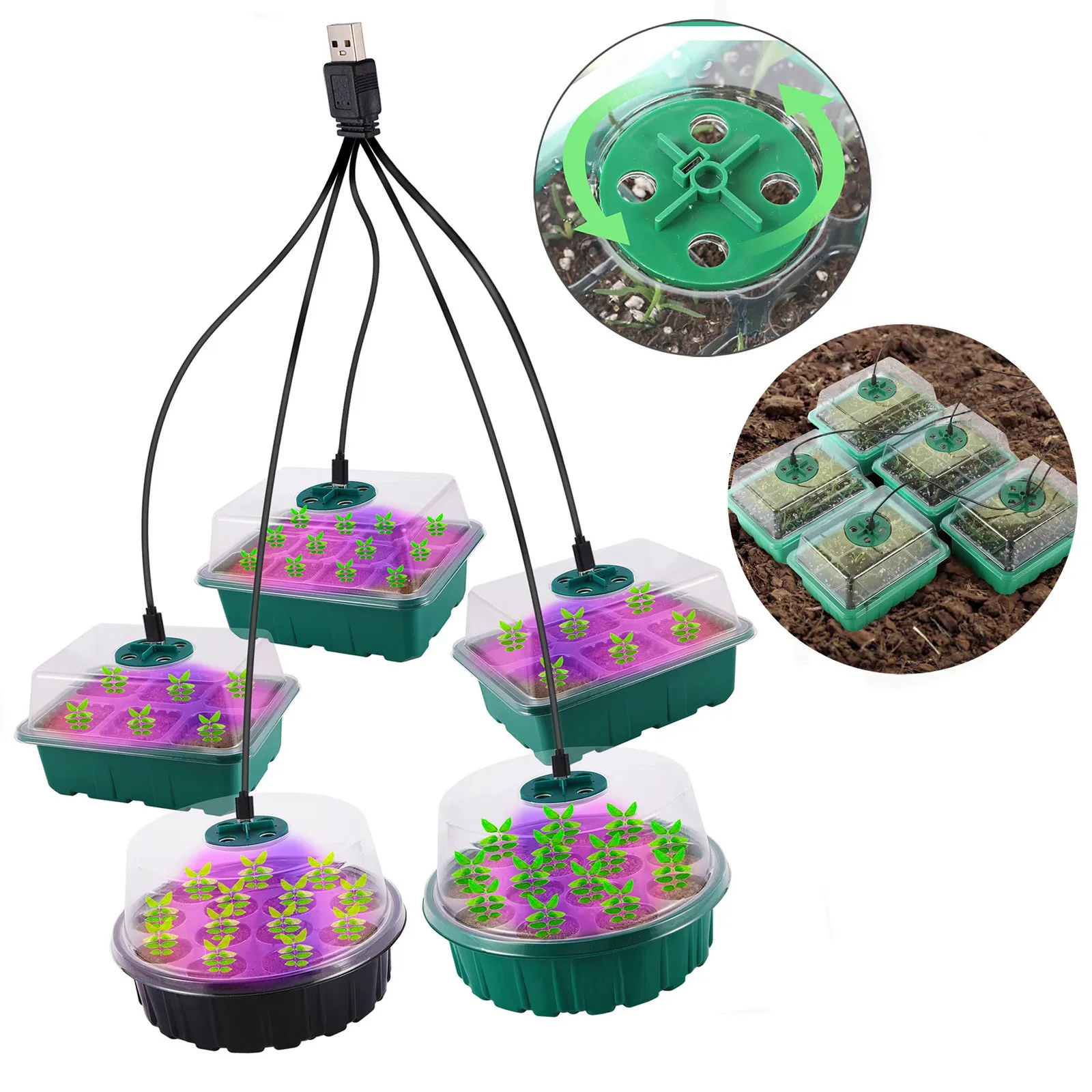 Boîte de pépinière de semis avec LED, plateau de démarrage de graines, Pot de reproduction, jardinière de Germination en serre de jardin 240122
