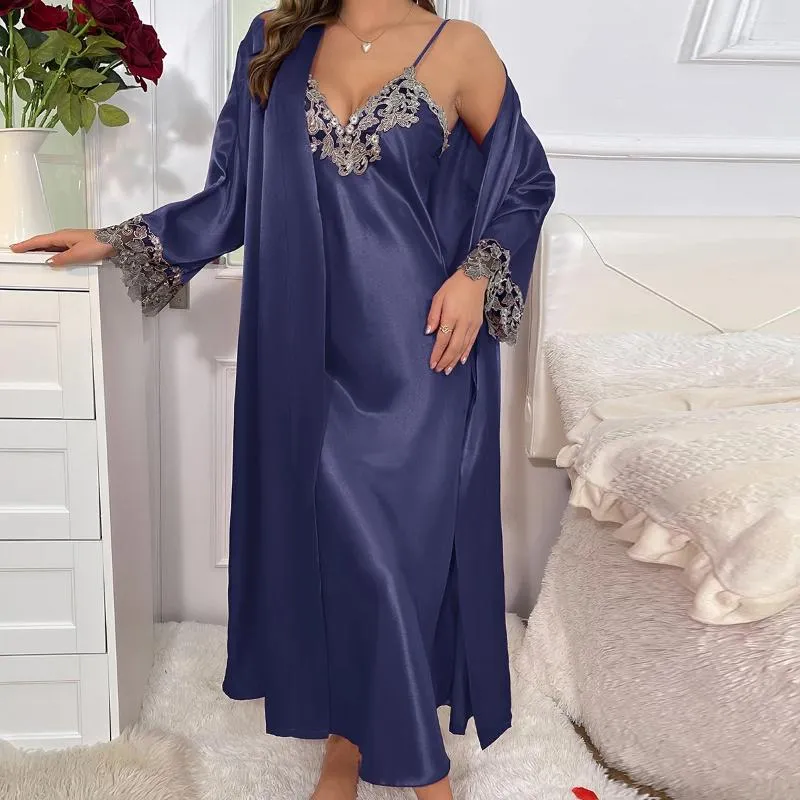 Womens Pajama Dress Womens Sleepwear Contrast Lace Long Sleeve Belted Robe  V Neck Slip