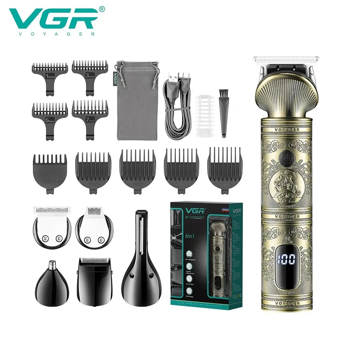 VGR Kit de toilettage tondeuse à cheveux 6 en 1 tondeuse à cheveux tondeuse à nez rasoir tondeuse à corps professionnel rechargeable métal Vintage V-106 240131