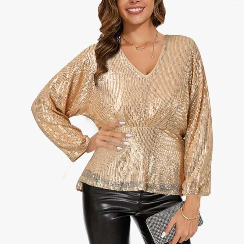 Women's T Shirts V-ring Metallic Color Long Sleeve Shirt Top For Women Fashion Loose Pullover V Neck Sequin Tops 2024 Chic Lady Tunic Blouse
