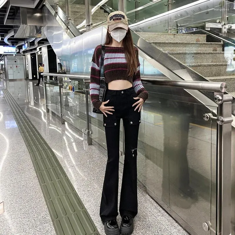 Jean femme printemps noir Micro pantalon évasé décontracté taille haute coton doux Denim maigre dame coréenne vadrouille pantalon