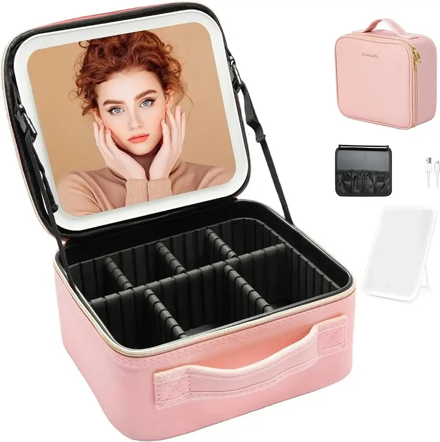 Borsa per il trucco da viaggio con specchio illuminato a LED Luminosità regolabile Organizer per custodia cosmetica impermeabile con divisori fai-da-te 240127