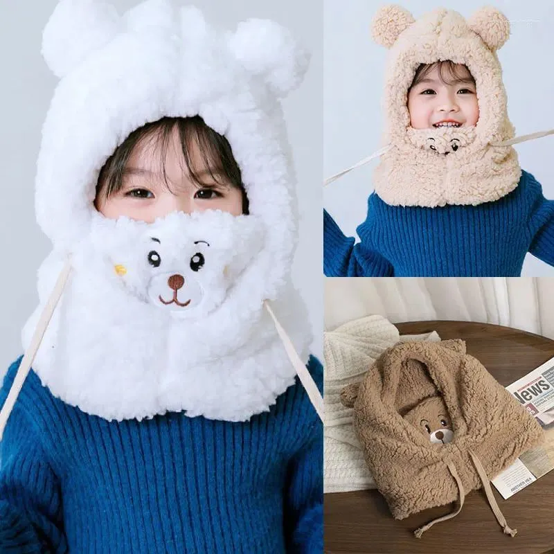 Berretti per bambini Cartoon Bear Ear Lamb Beanie Hat con maschera Warm Balaclava Winter Thick Plush Protection Skullies Berretti per ragazze