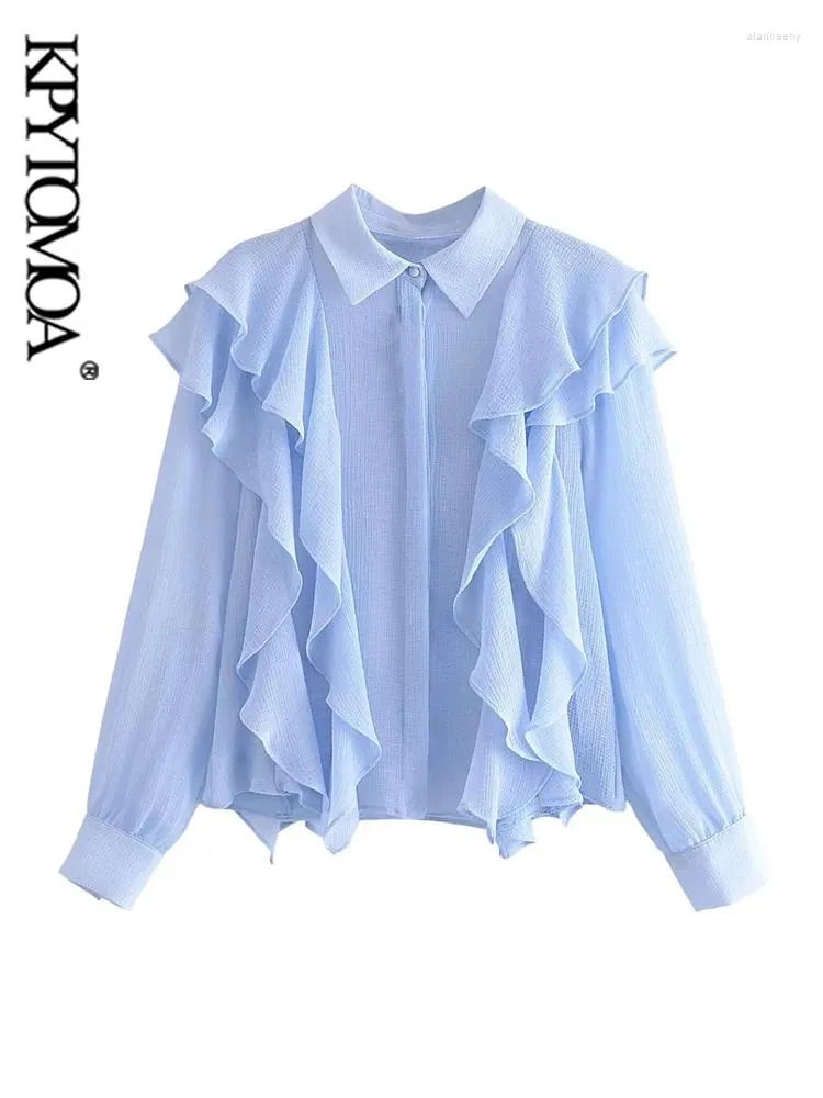 Blouses Femmes KPYTOMOA Femmes Mode avec des chemises à boutons avant à volants Vintage Collier à revers à manches longues Femme Blusas Chic Tops