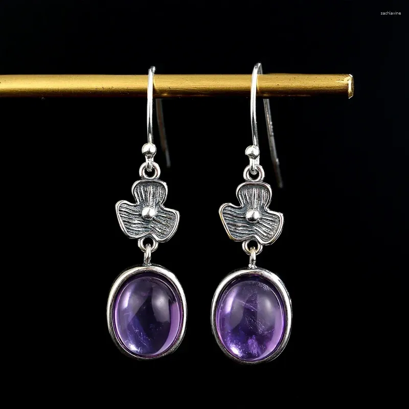 Dingle örhängen naturlig Amethyst Drop Vintage Flower Shape 925 Sterling Silver Earring for Women Ear smycken Jubileumsgåva