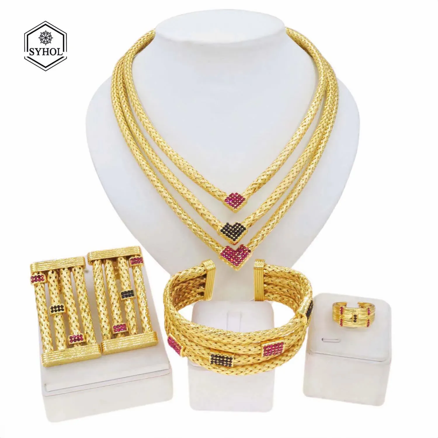 Bijoux plaqués or 24k originaux pour femmes, collier plaqué coloré de luxe, boucles d'oreilles carrées, Bracelet, Bijoux de mariage, 240125