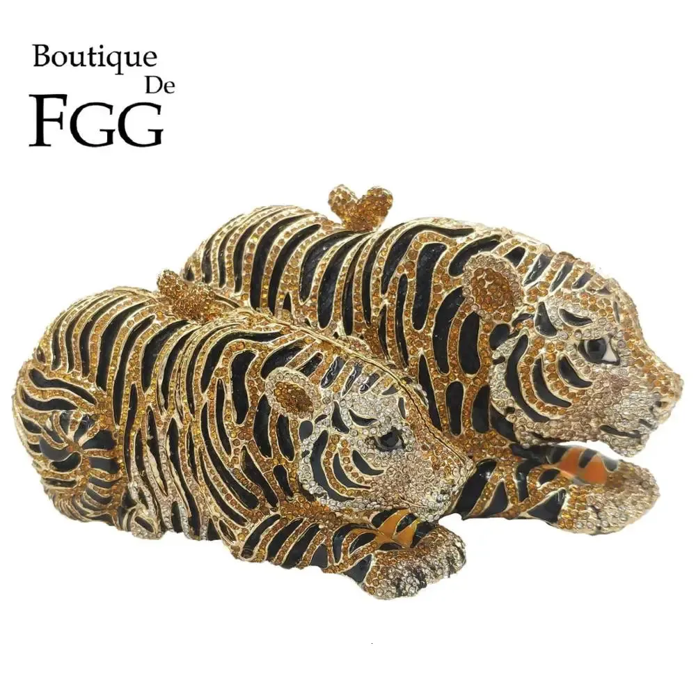 Boutique De FGG Elegant Women Gold Tiger Clutch Minaudiere Evening Bags Diamond Wedding Handbag Bridal Purse Party Dinner Bag 240126