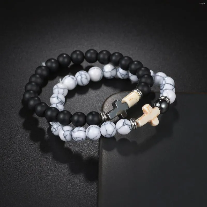 Strand Charm Natural Stone Bracelet Cross Black Matte Handmade Men Women Prayer Elastic Rope Chain Couple Jewelry Gift