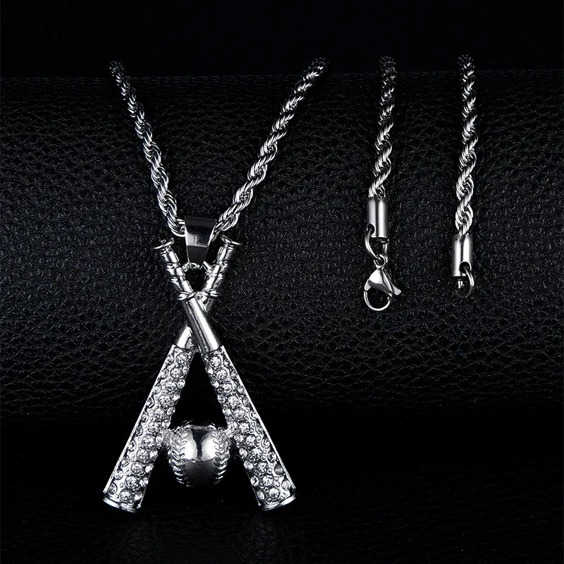 Collectable Iced Out Pendant Baseball and Baseball Bats Necklace Hip Hop Jewelry for Men and Women