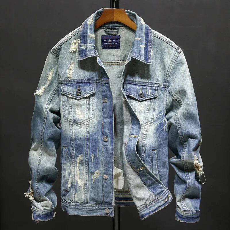 Printemps et automne Denim vestes hommes Cowboy Slim Fit trou veste hommes déchiré Jean veste Hip Hop Streetwear manteaux grande taille 5XL 240124