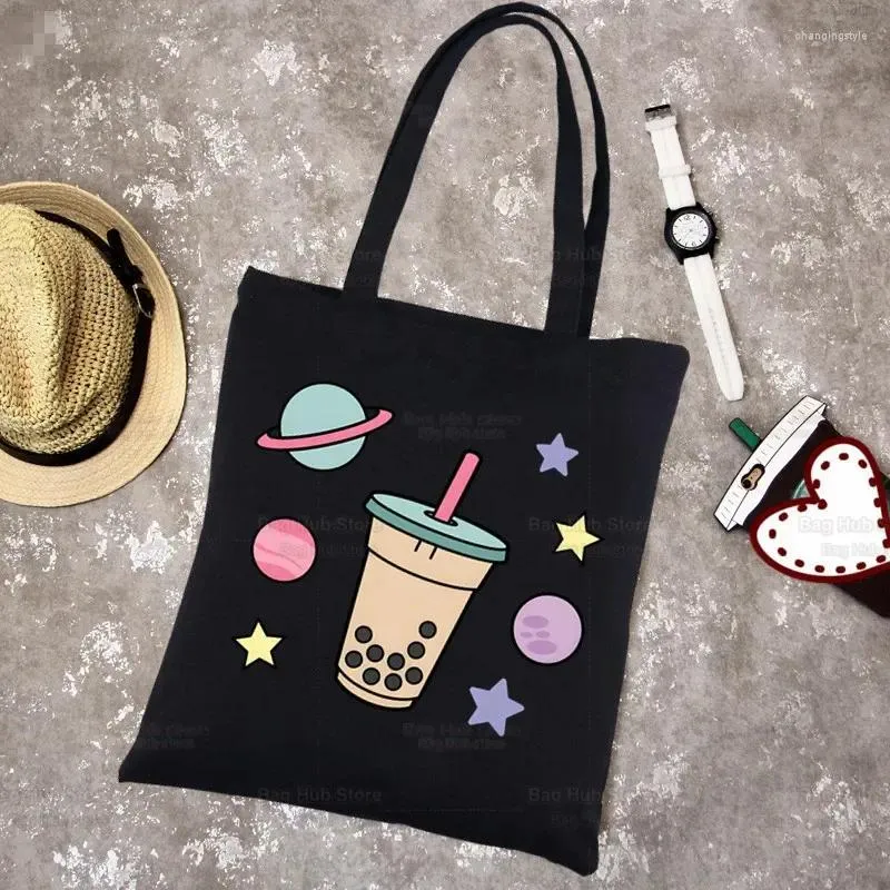 Boodschappentassen Boba Milk Tea Canvas Zwart Cartoon Cute Tote Bag Herbruikbare Schouder Bubble Gift Handtas