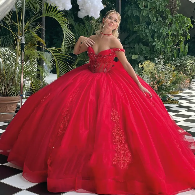 Rote Quinceanera-Kleider 2024 Spitze Applikationen Perlen Tull Mexikanisches Ballkleid Abschlussball-Partykleid Vestidos Butantes 15 Jahre