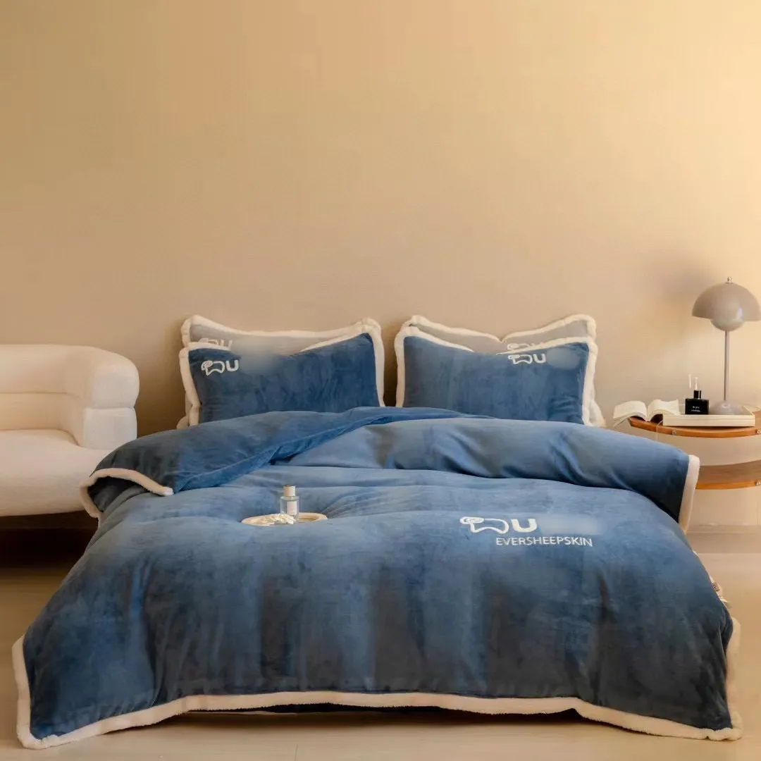 Juego de cama de diseño tamaño king de invierno azul marino, funda nórdica de terciopelo con leche de piel de oveja, color morado y naranja, sábana con 2 fundas de almohada, edredones tamaño queen