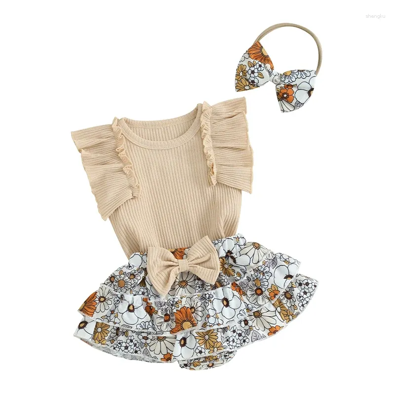 Ensembles de vêtements pour bébé fille des vêtements d'été Ruffles Raiper et élastique de jupe de jupe florale Set Set 3 pièces tenues