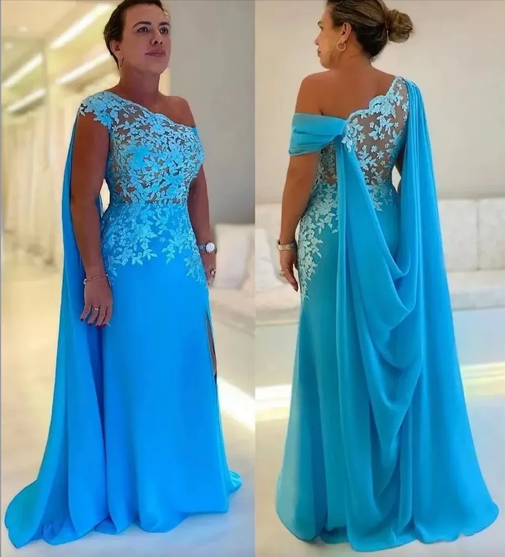 Neues elegantes blaues Kleid für die Brautmutter, One-Shoulder-Spitze-Applikationen, Top, sexy Chiffon, A-Linie, Hochzeits-Party-Kleider in Übergröße, Robe De Soriee