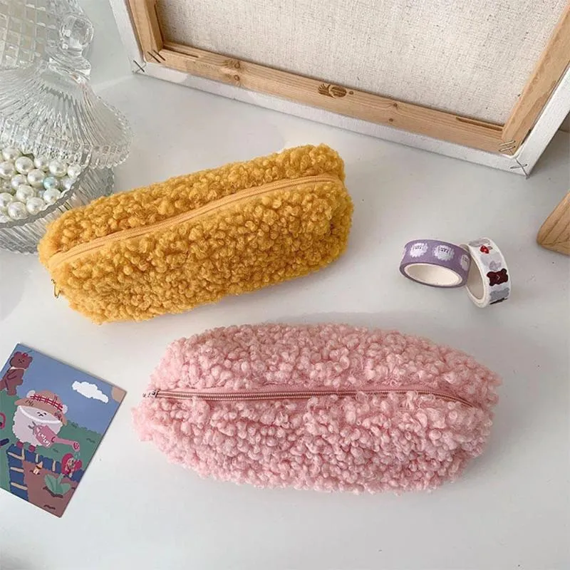 Sacs de rangement mignon agneau en peluche crayon sac stylo sac pour filles kawaii papeterie grande capacité boîte boîte cosmétique