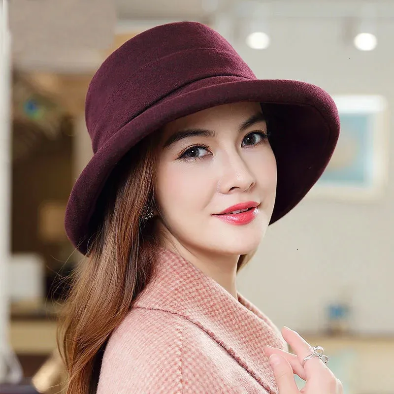 2023 Ladies Winter Bucket Hat Mother Outdoors Warm Wool Snow Hat Women Good Quality Elegant Fedora 240127