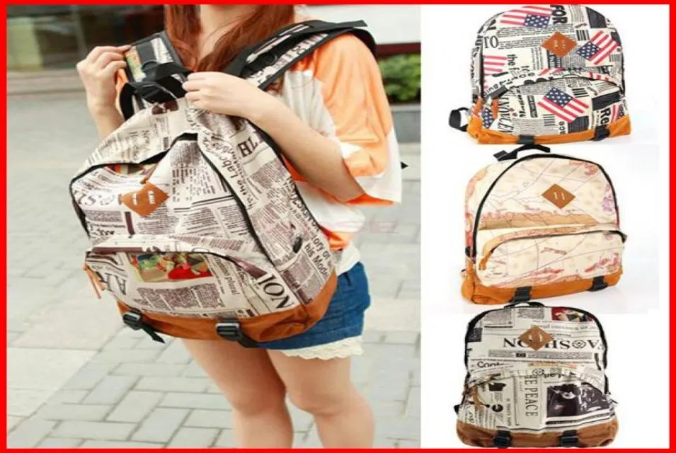 Nowa moda vintage moda dziewczęta plecak plecak gazeta mapa flaga projekt drukowana szkolna torebka na ramię unisex outoo18552270