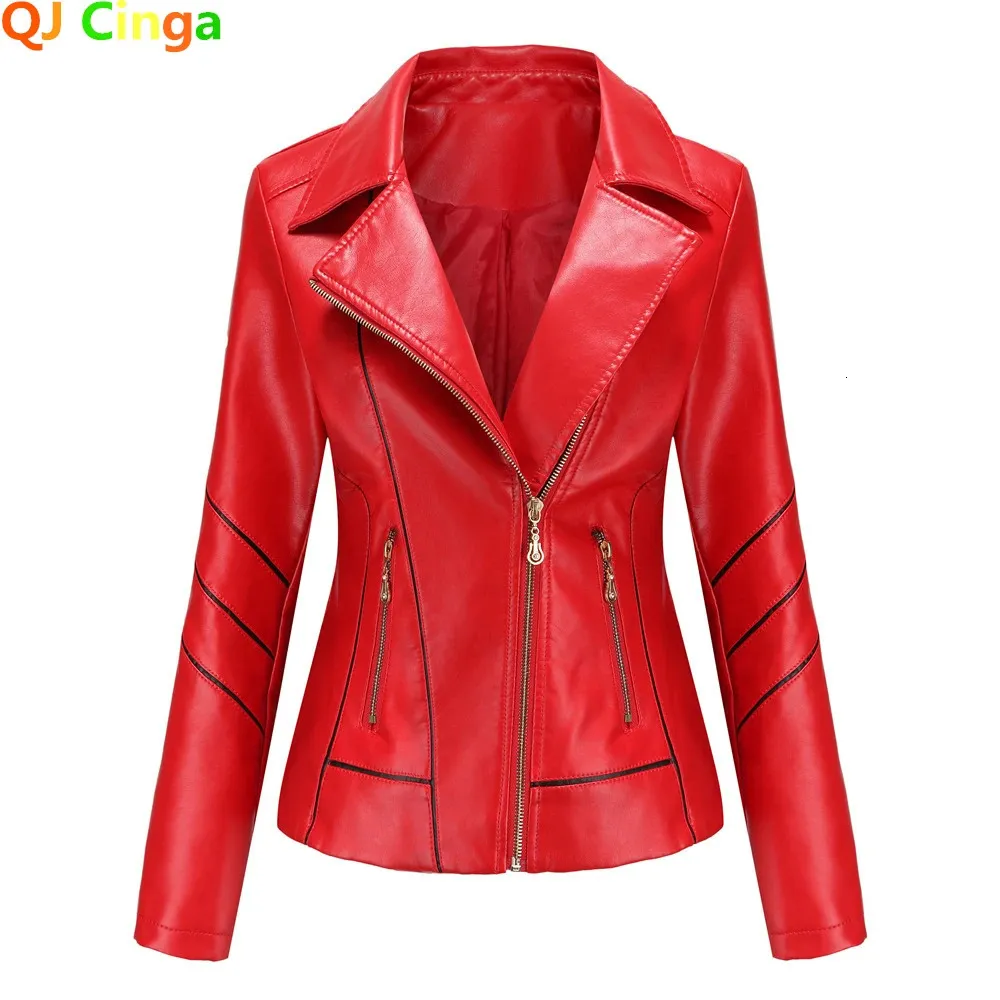 Veste en simili cuir rouge PU femme mode vestes de motard décontractées vêtements d'extérieur femme hauts printemps et automne veste en cuir noir manteau 240129