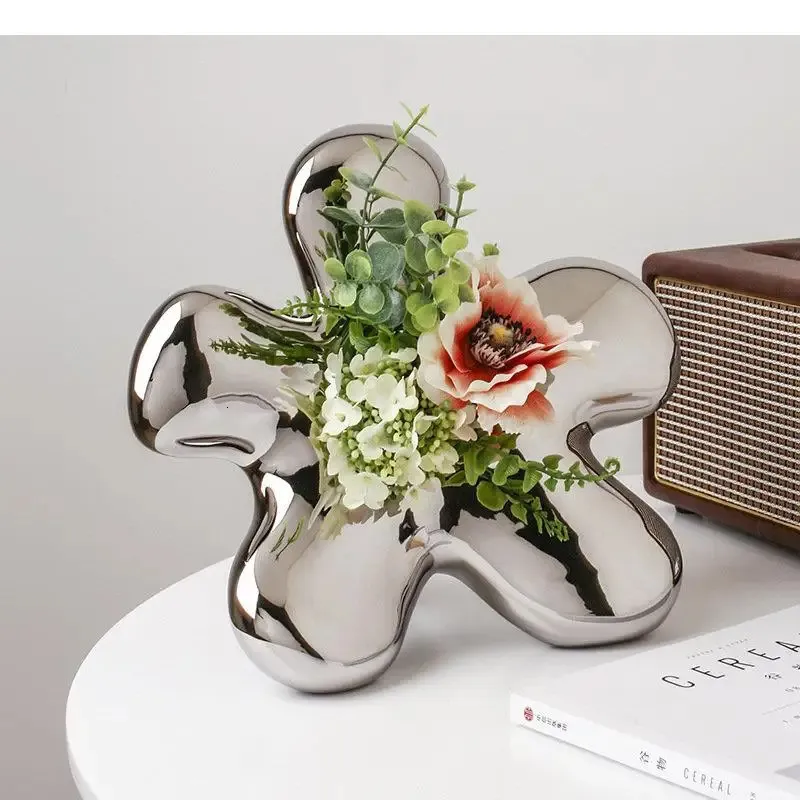 Vaso de cerâmica banhado a prata, mesa de jantar, formato de flor criativa, arranjo de flores, mesa de cerâmica, utensílios de decoração 240125
