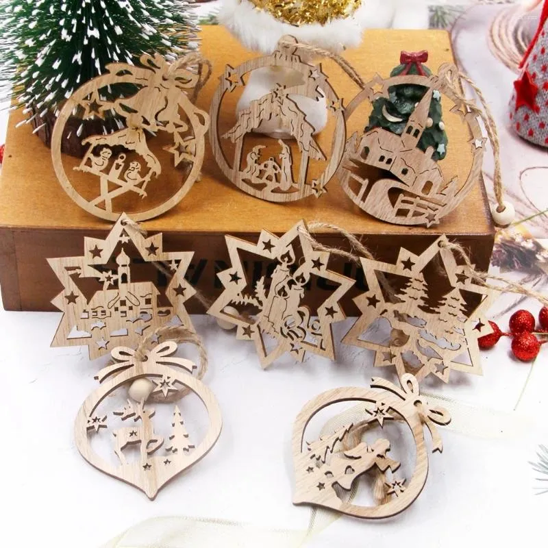 Décorations de Noël 6pcs pendentifs en bois boule creuse étoile ornements suspendus pour décor d'arbre cadeaux pour enfants bricolage peinture bois artisanat