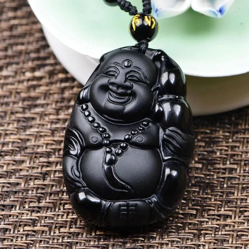 Naszyjniki wisiorek upuść naturalny czarny obsydian rzeźbiony śmiech Buddha Lucky Amulet Naszyjnik dla kobiet mężczyzn