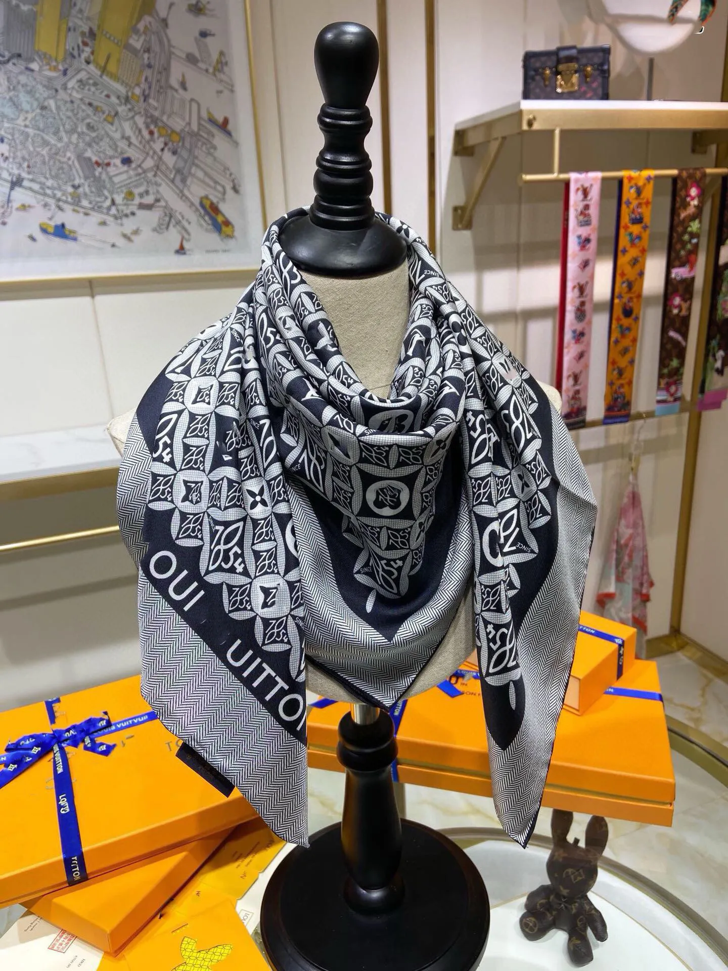 Topmerk designer zijden sjaal voor dames heren Volledig bedrukt monogram 1854 Luxe merk L letter Klassiek logo pashmina stola ring hoofdband zwart blauw grijze sjaals 90 * 90 cm
