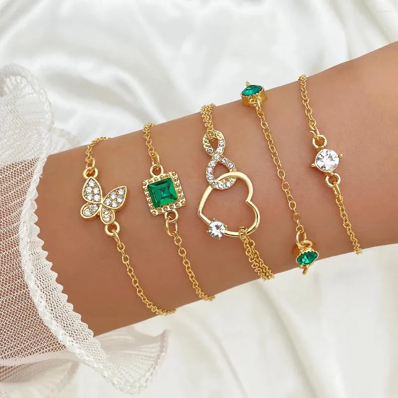 Bracelets de charme KISSWIFE Luxueux Bracelet Papillon En Cristal Vert Pour Femmes Coeur Amour Chaîne Ensemble Vintage Bijoux De Mode Cadeaux