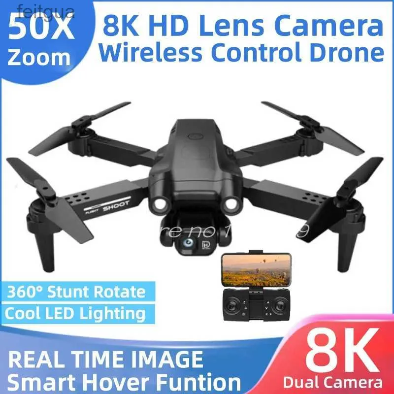 Drones 8K HD Dual Camera Draadloze bediening Drone 50X zoom 360 Stunt Rollover Real Time Map Smart Hover LED-verlichting RC Quadcopter YQ240211