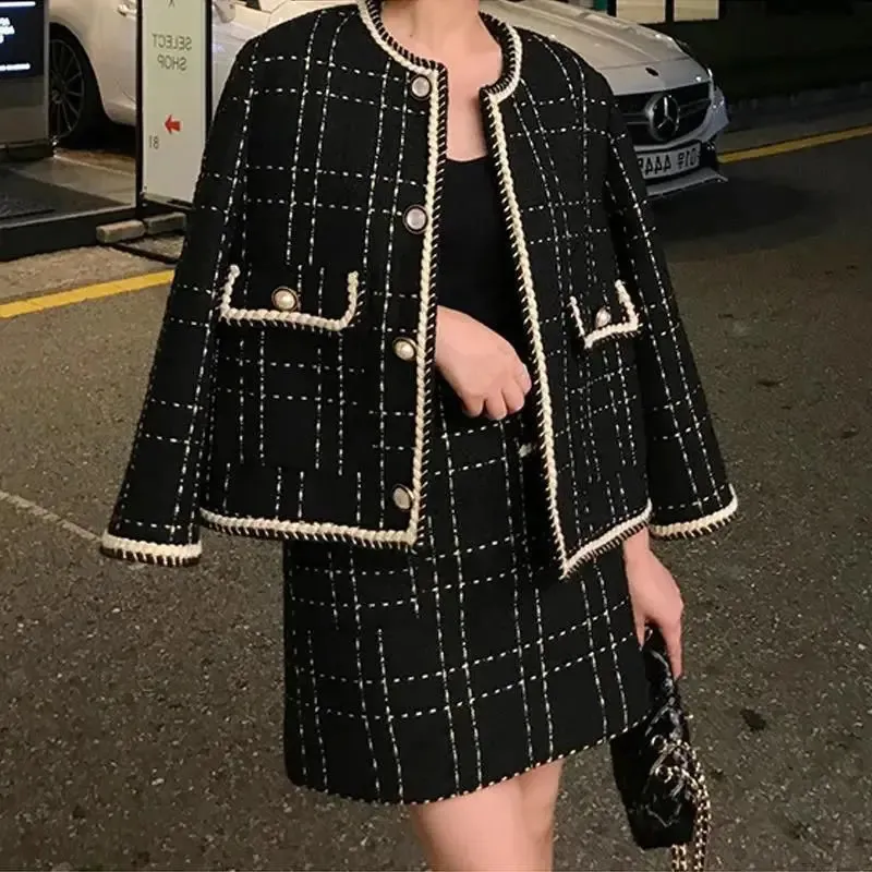 UNXX Style européen automne hiver 2 pièces ensemble femmes courte laine Tweed veste manteau moulante Mini jupe deux tenues 240202