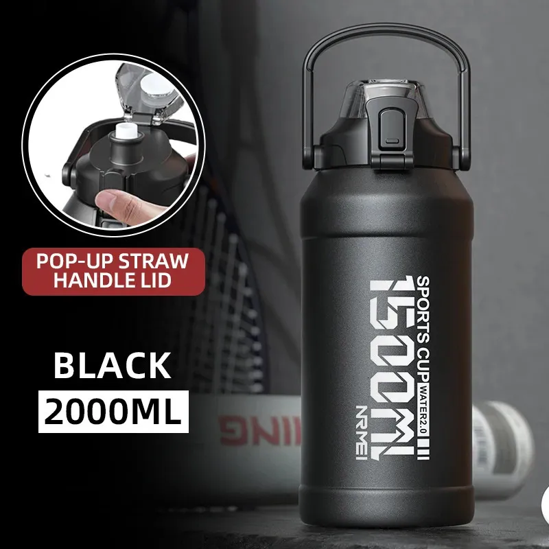 Bouteille d'eau Thermos 2L avec paille amovible, poignée de transport portable en acier inoxydable pour salle de sport 240130