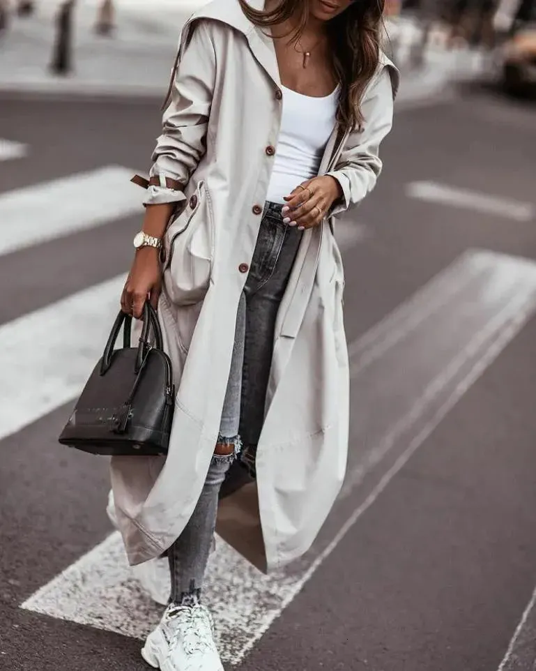 Casual trenchcoat Feminino Grote maten dameskleding Zakontwerp met enkele rij knopen Oversized High Street Trenchcoat met riem en zoom 240124