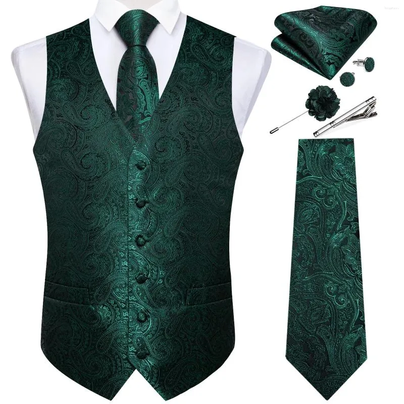 Men's Vests Elegant Green Paisley Suit Vest For Men With Necktie Pocket Square Cufflinks Wedding Prom Tuxedo Luxury Waistcoat