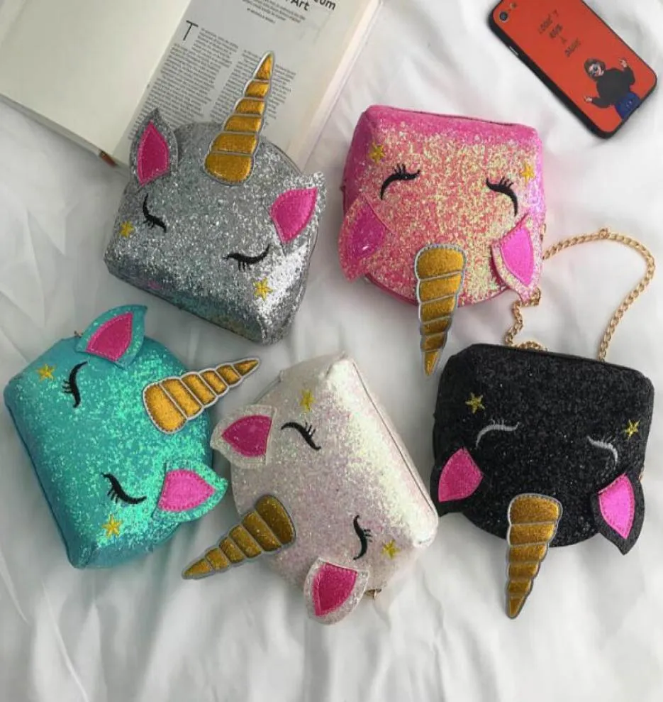 Borse a catena con unicorno glitter Borse a tracolla con tracolla per cartoni animati per bambini Ragazzi Ragazze Marsupio Marsupio Portamonete carino Portafogli6990045