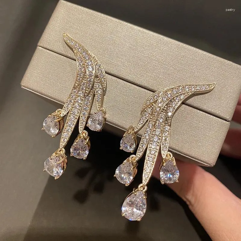 Dangle Earrings Gold Color Angel Wing Water Droplets Zircon Pendant Exaggerate Long Transparent Crystal Women's Jewelry Wedding Party